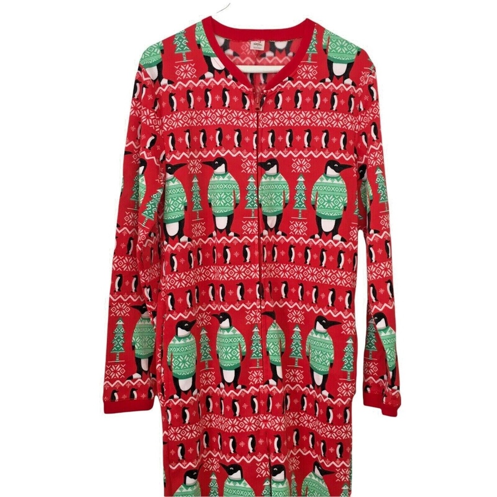 Dec 25th Front Zip Size Small One Piece PJ's Pajamas Penquins in Xmas Sweaters